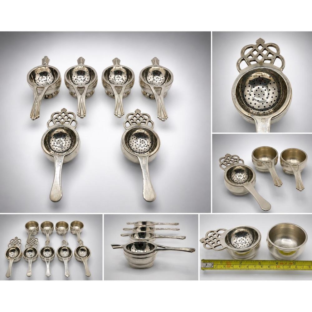 Vintage Silver Plate Tea Strainer Set w Bowls Lot of 6 Art Deco Style Handles
